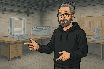Zeichnung: Michael Mattern steht in einer Werkstatt und zeigt auf die aufgebauten Geräte