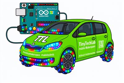 Zeichnung: das TinyTechLab-Fahrzeug ist über Kabel mit einem Arduino verbunden und rundum mit bunten LEDs besetzt